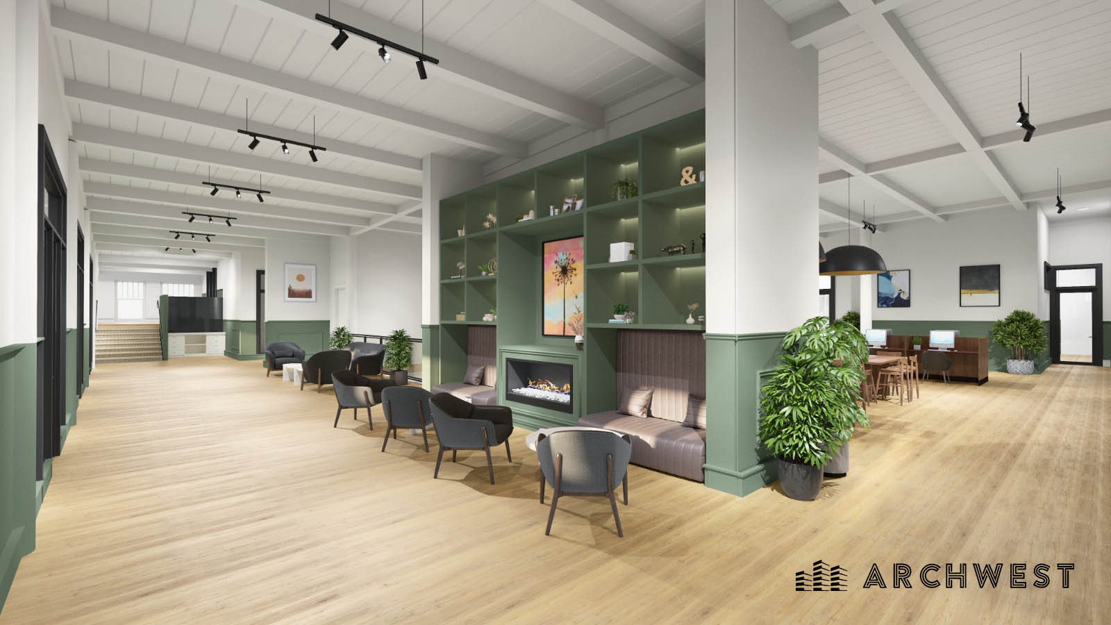 25. 3D Render of an Office Breakout Area, California, USA